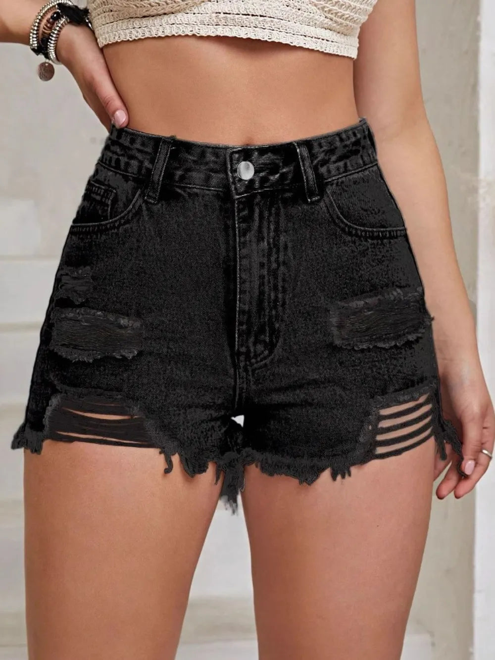 Women’s High-Waist Distressed Denim Shorts – Raw Hem