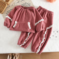 Girls’ Floral-Trim Lantern-Sleeve Fleece Set – Top & Long Pants Two-Piece Outfit