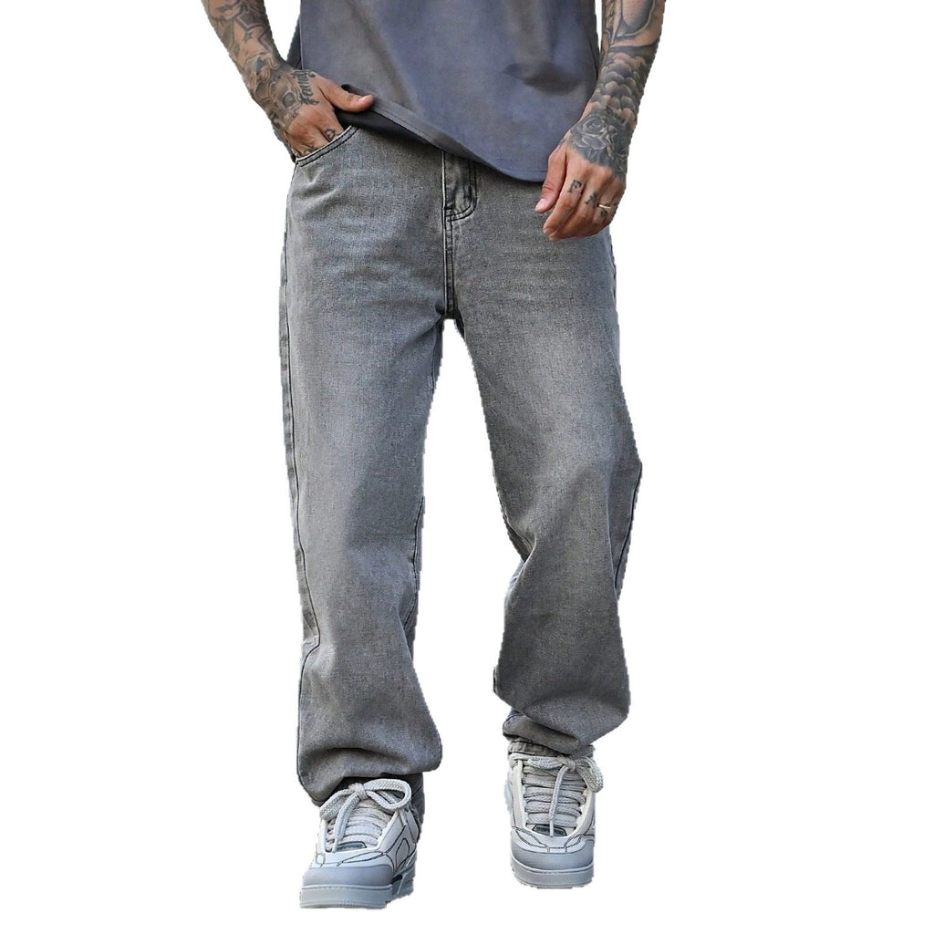 Men’s Summer Distressed Washed Gray Jeans – Vintage Straight-Leg Casual Pants