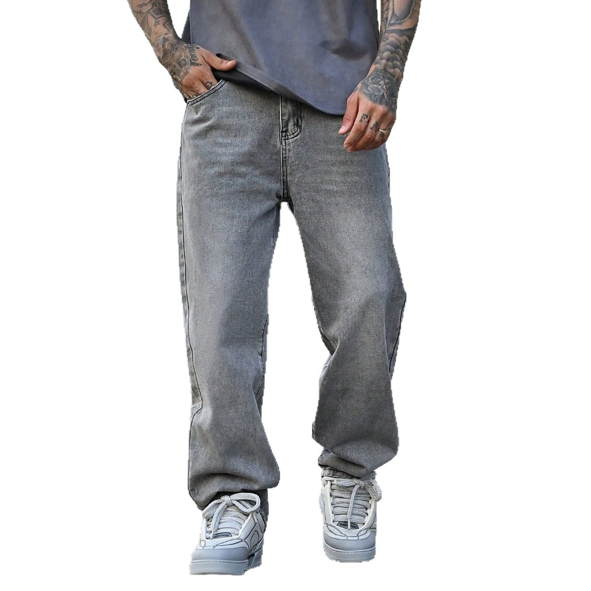 Men’s Summer Distressed Washed Gray Jeans – Vintage Straight-Leg Casual Pants
