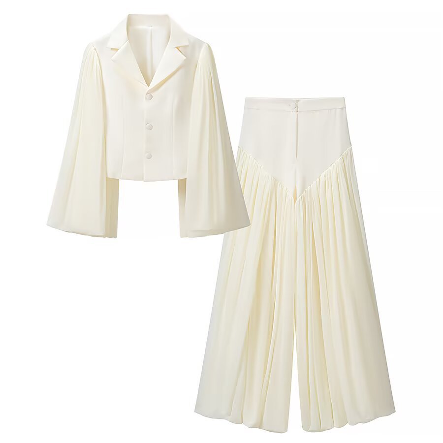 Lantern-Sleeve Top & Long Pants Set – Women’s Two-Piece Casual Outfit