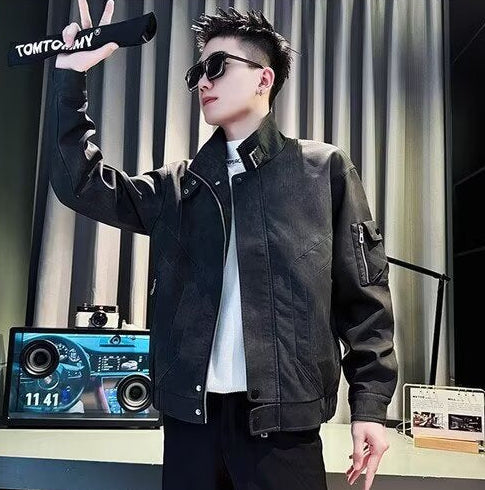 Men's Black Leather Jacket – Slim Fit Stand Collar