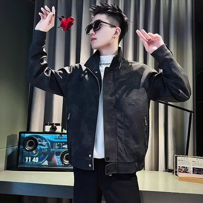 Men's Black Leather Jacket – Slim Fit Stand Collar