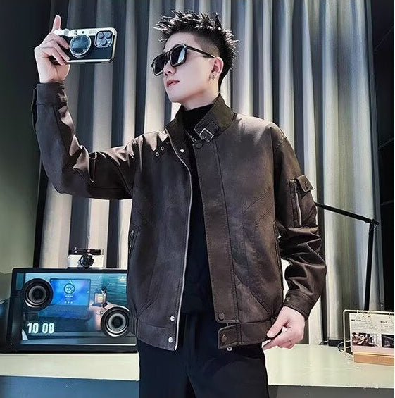 Men's Black Leather Jacket – Slim Fit Stand Collar