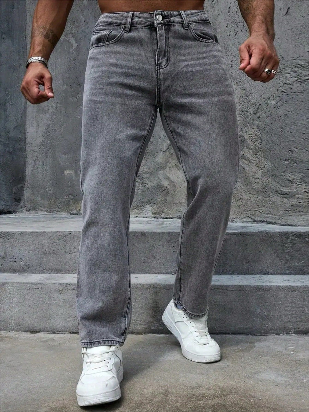 Men’s Summer Distressed Washed Gray Jeans – Vintage Straight-Leg Casual Pants