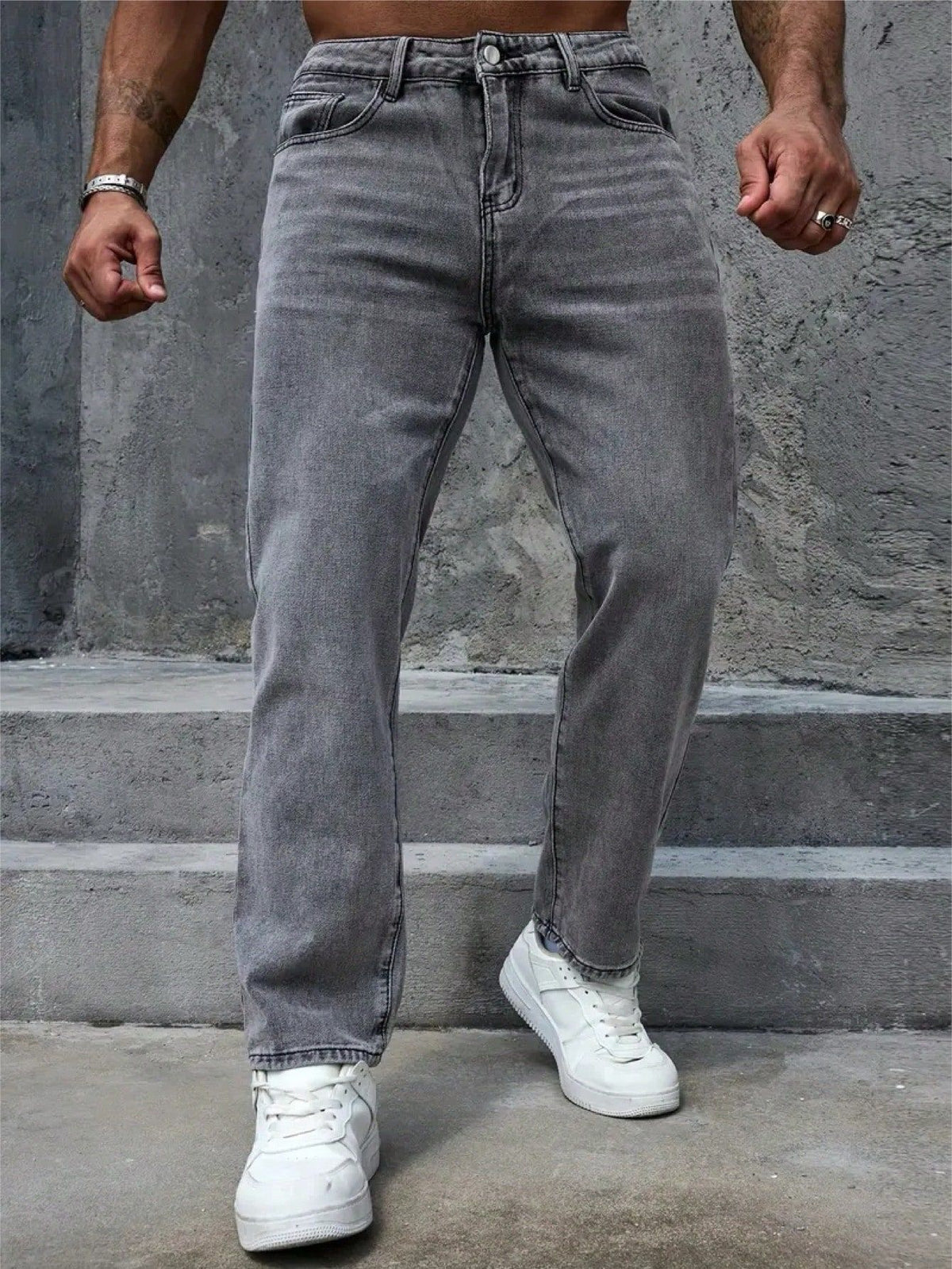Men’s Summer Distressed Washed Gray Jeans – Vintage Straight-Leg Casual Pants