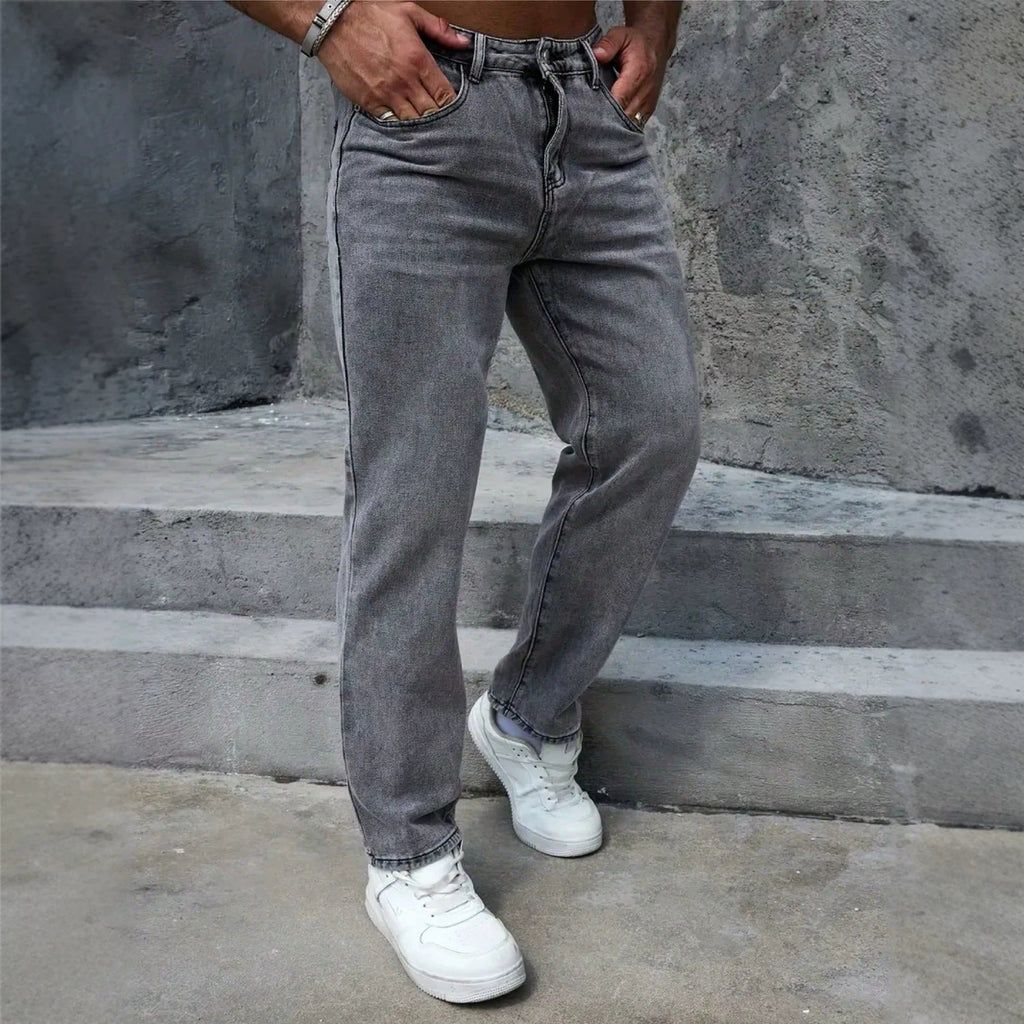 Men’s Summer Distressed Washed Gray Jeans – Vintage Straight-Leg Casual Pants