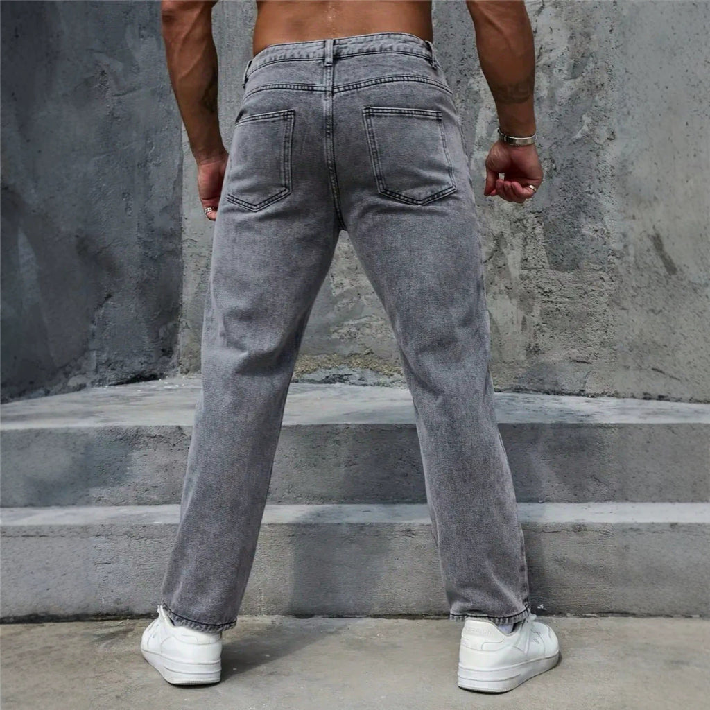 Men’s Summer Distressed Washed Gray Jeans – Vintage Straight-Leg Casual Pants