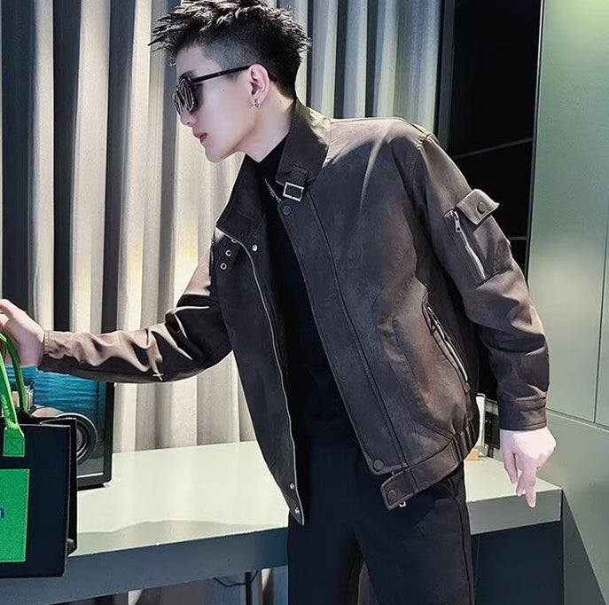 Men's Black Leather Jacket – Slim Fit Stand Collar