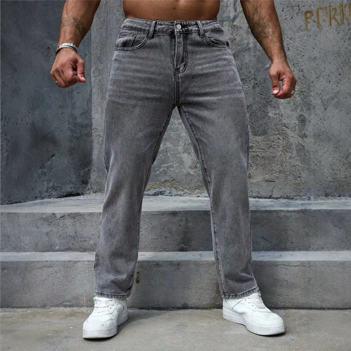 Men’s Summer Distressed Washed Gray Jeans – Vintage Straight-Leg Casual Pants