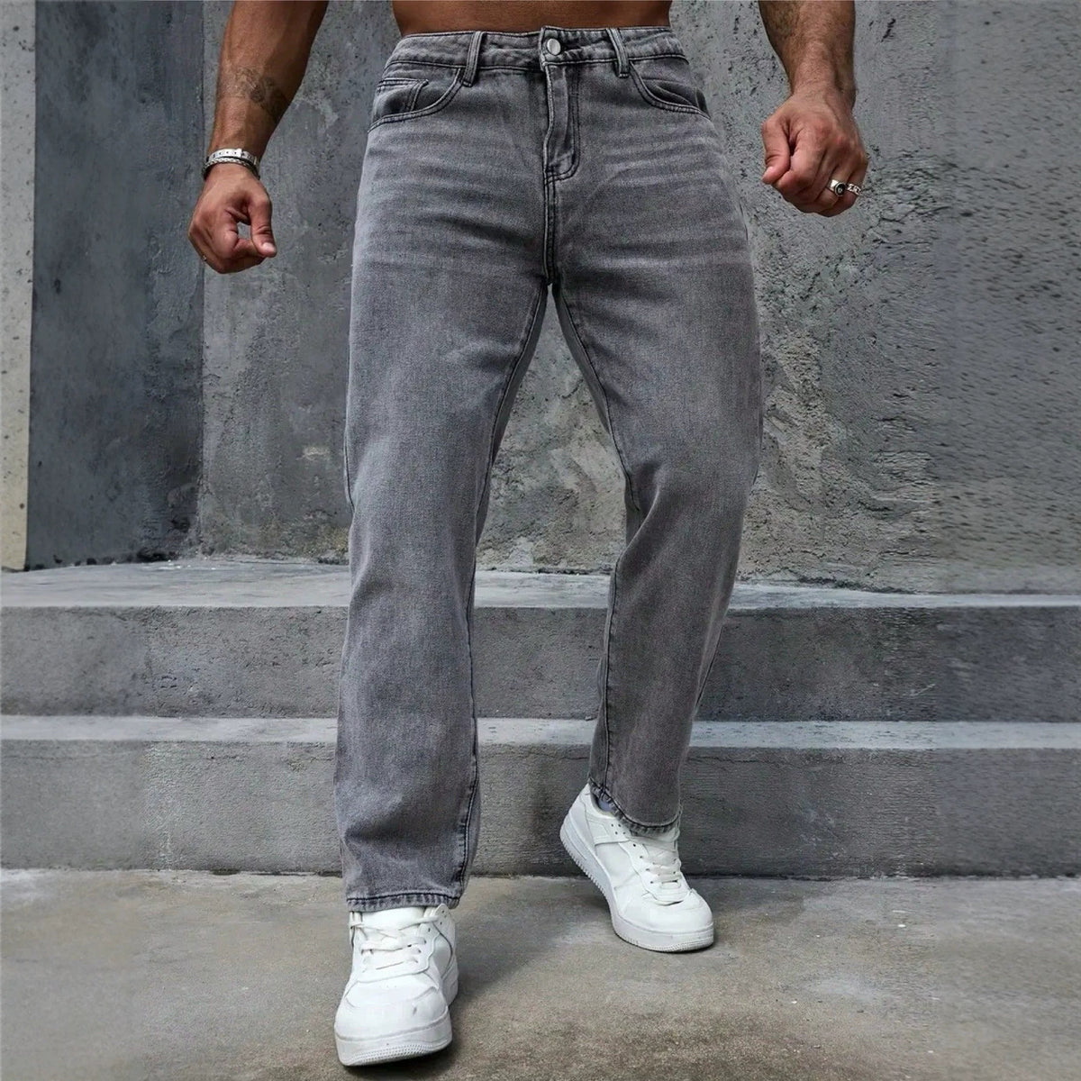 Men’s Summer Distressed Washed Gray Jeans – Vintage Straight-Leg Casual Pants