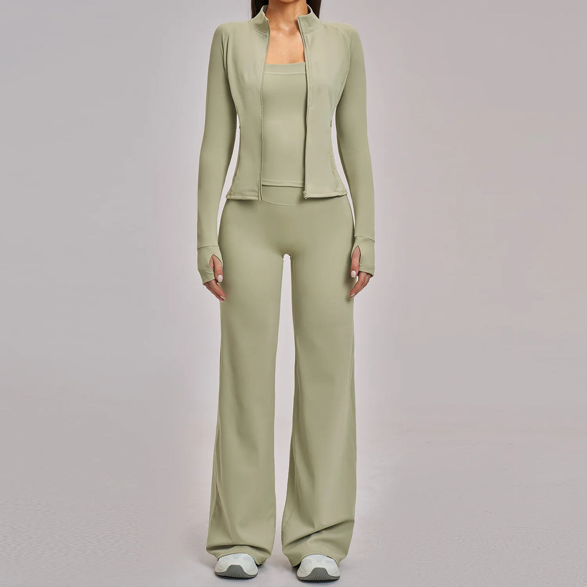 Women's 2/3-Piece Yoga & Fitness Set – Long-Sleeve Top, Sports Bra & High-Waist Flared Pants